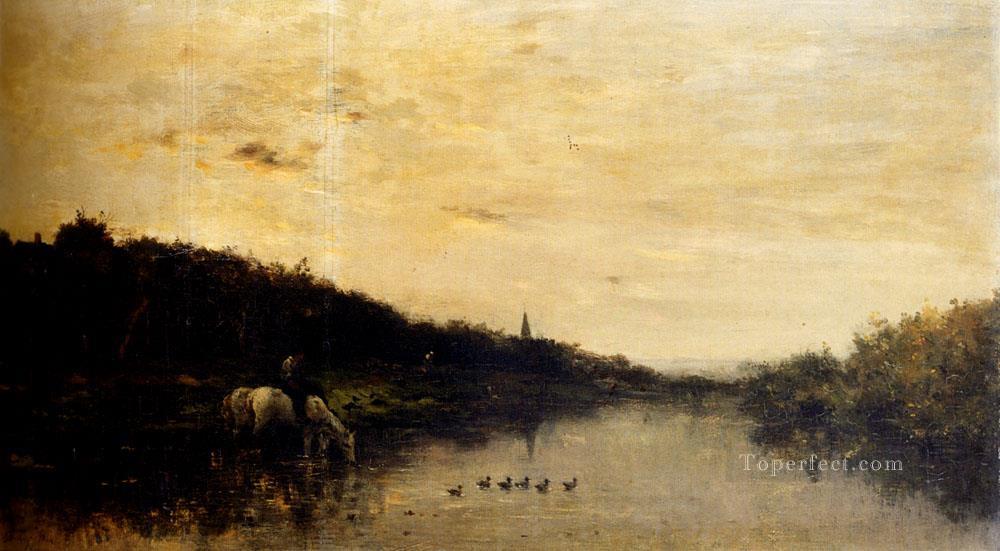 Chevaux Au Bord De L Oise Barbizon Impressionism landscape Charles Francois Daubigny brook Oil Paintings